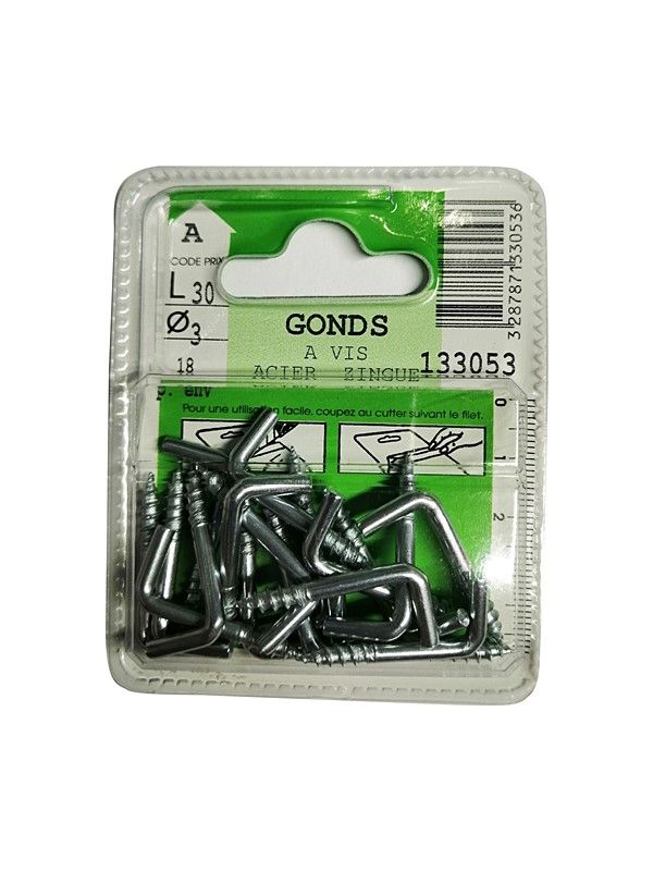 Gonds à vis acier zingué L.30 ø3mm - Les 18 pièces