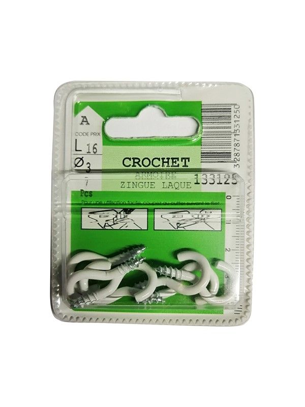 Crochets armoire zingué laqué L.16 ø3mm - Les 7 pièces