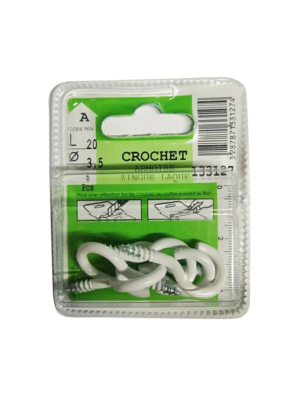 Crochets armoire zingué laqué L.20 ø3,5mm - Les 6 pièces