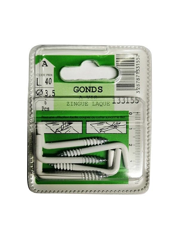 Gonds à vis zingué laqué L.40 ø3,5mm - Les 6 pièces