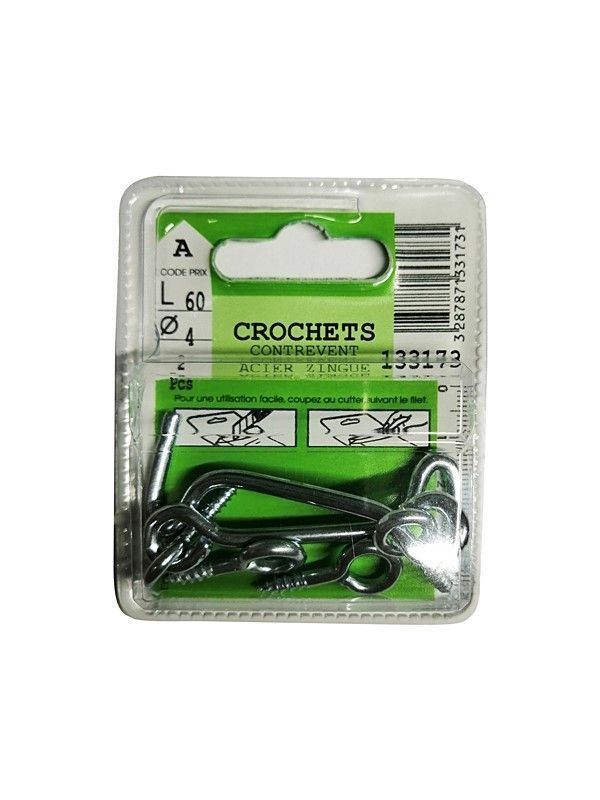 Crochets contrevent acier zingué L.60 ø4mm - Les 2 pièces