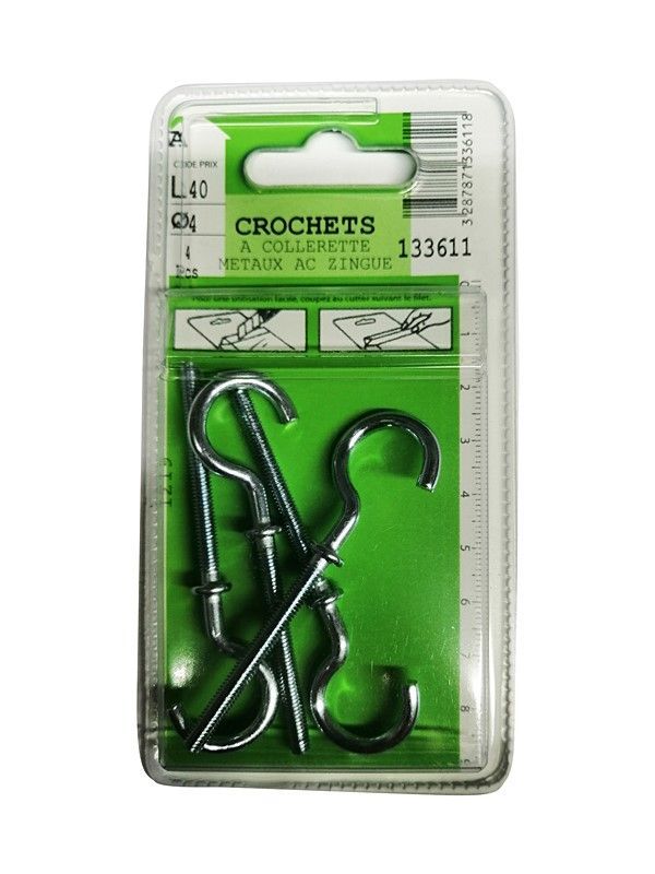 Crochets à collerette métaux acier zingué L.40 ø4mm - Les 4 pièces