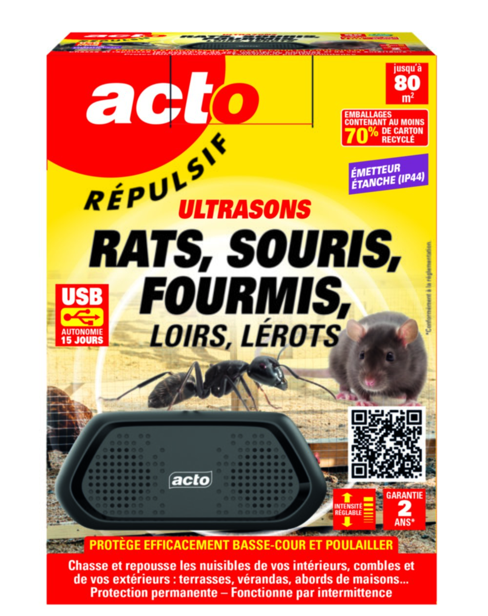 Répulsif Ultrasons Rats/Souris/Fourmis 80m² - ACTO