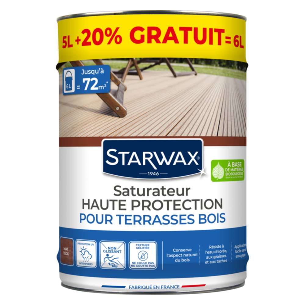 Saturateur Haute Protection terrasse bois Teck 5L+20% - STARWAX