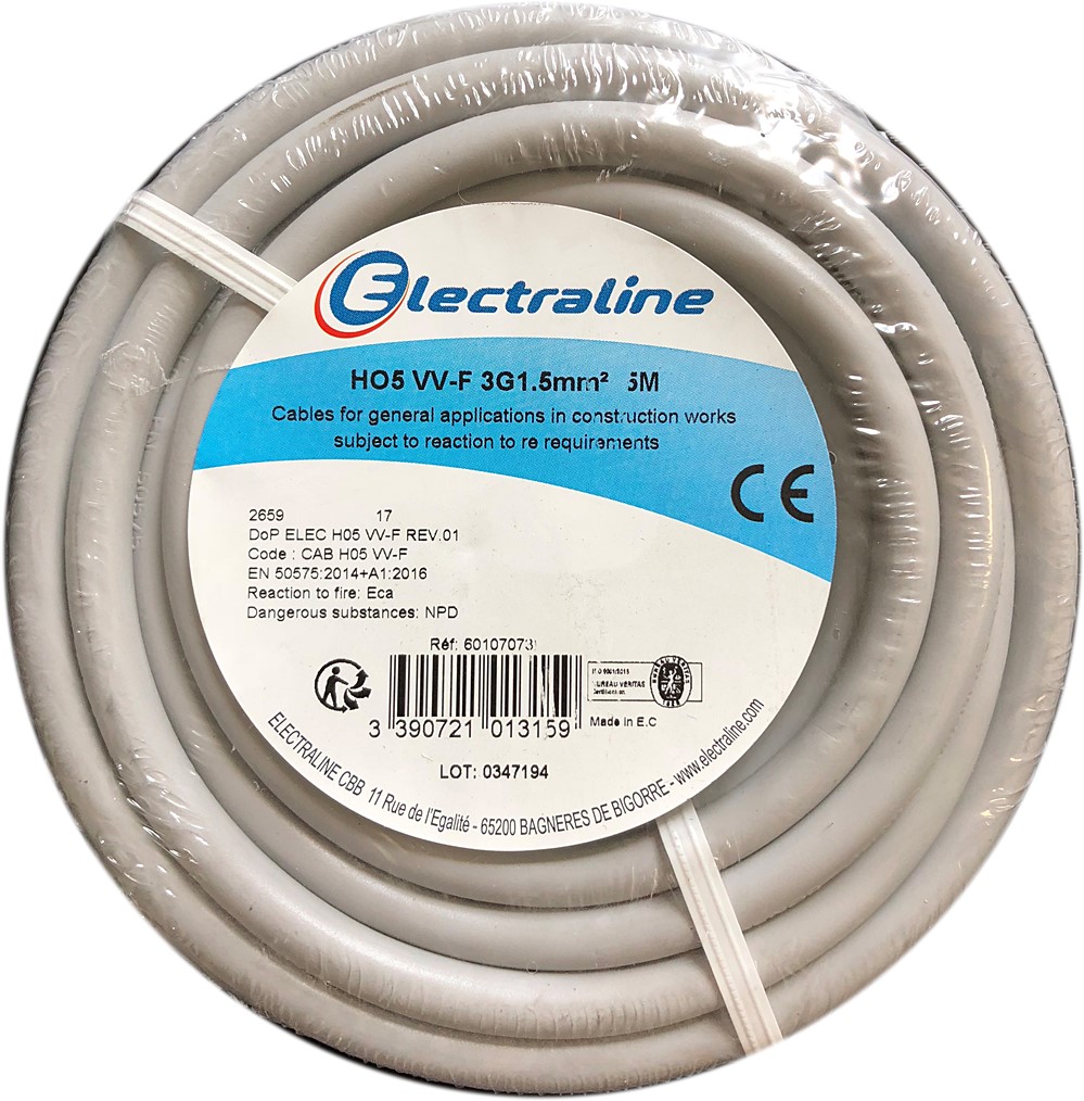 Câble électrique HO5 VV-F 3G1.5mm² Gris 5M - ELECTRALINE