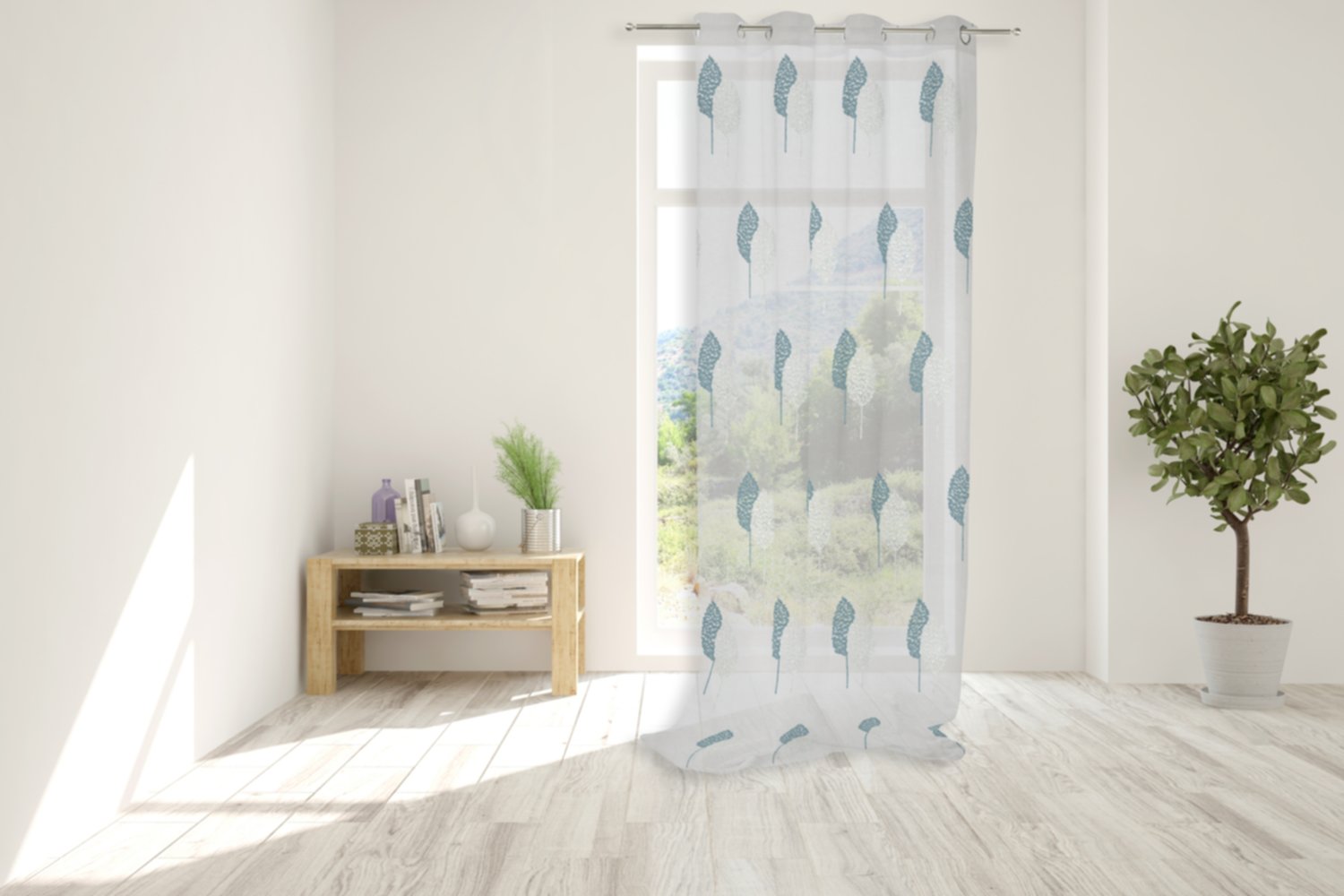 Voile Brodé motif feuillages Paseo 140x250cm Turquoise