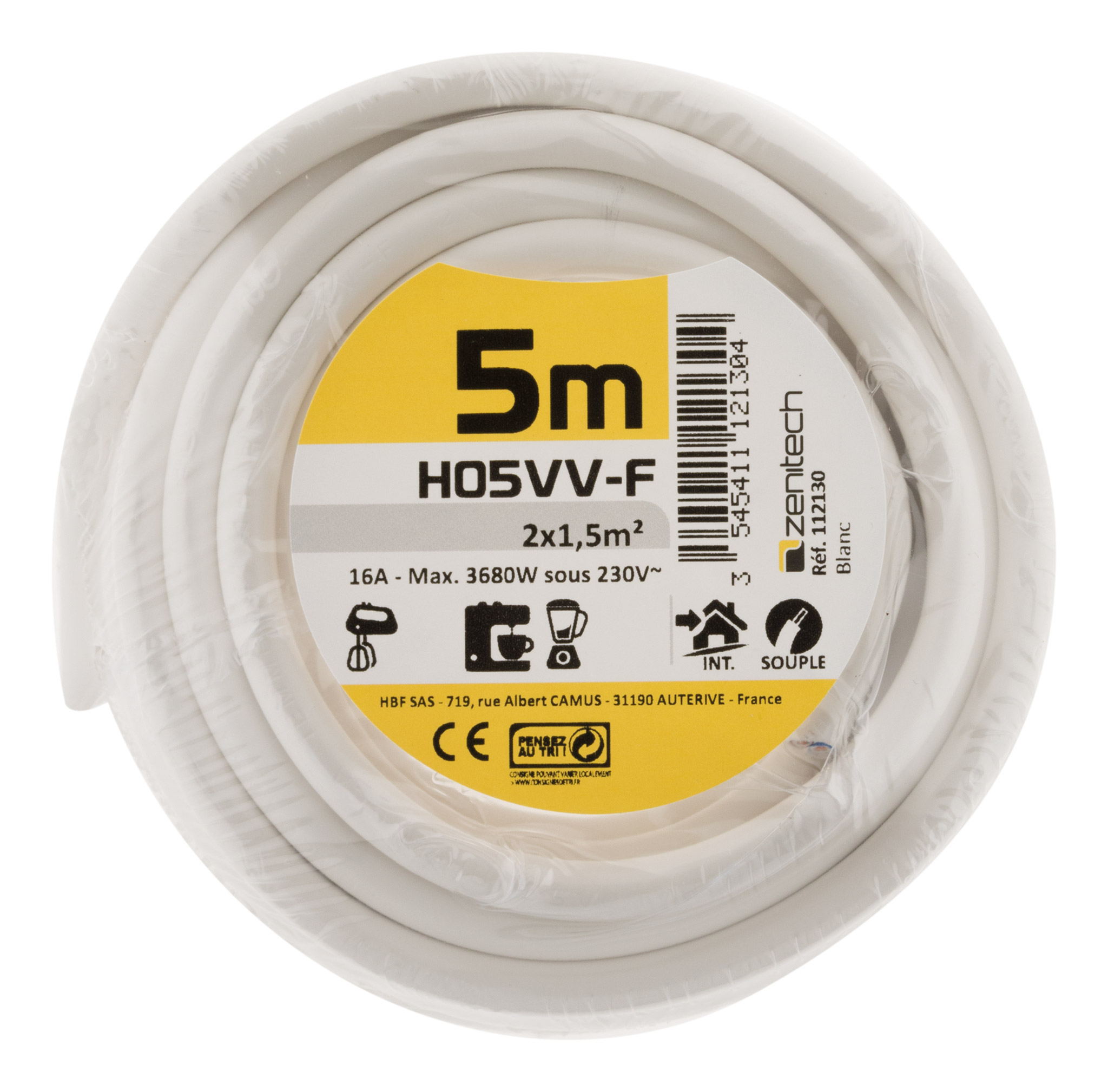 Cable ho5vvf 2x1.5 blanc 5m - plasto - INOTECH