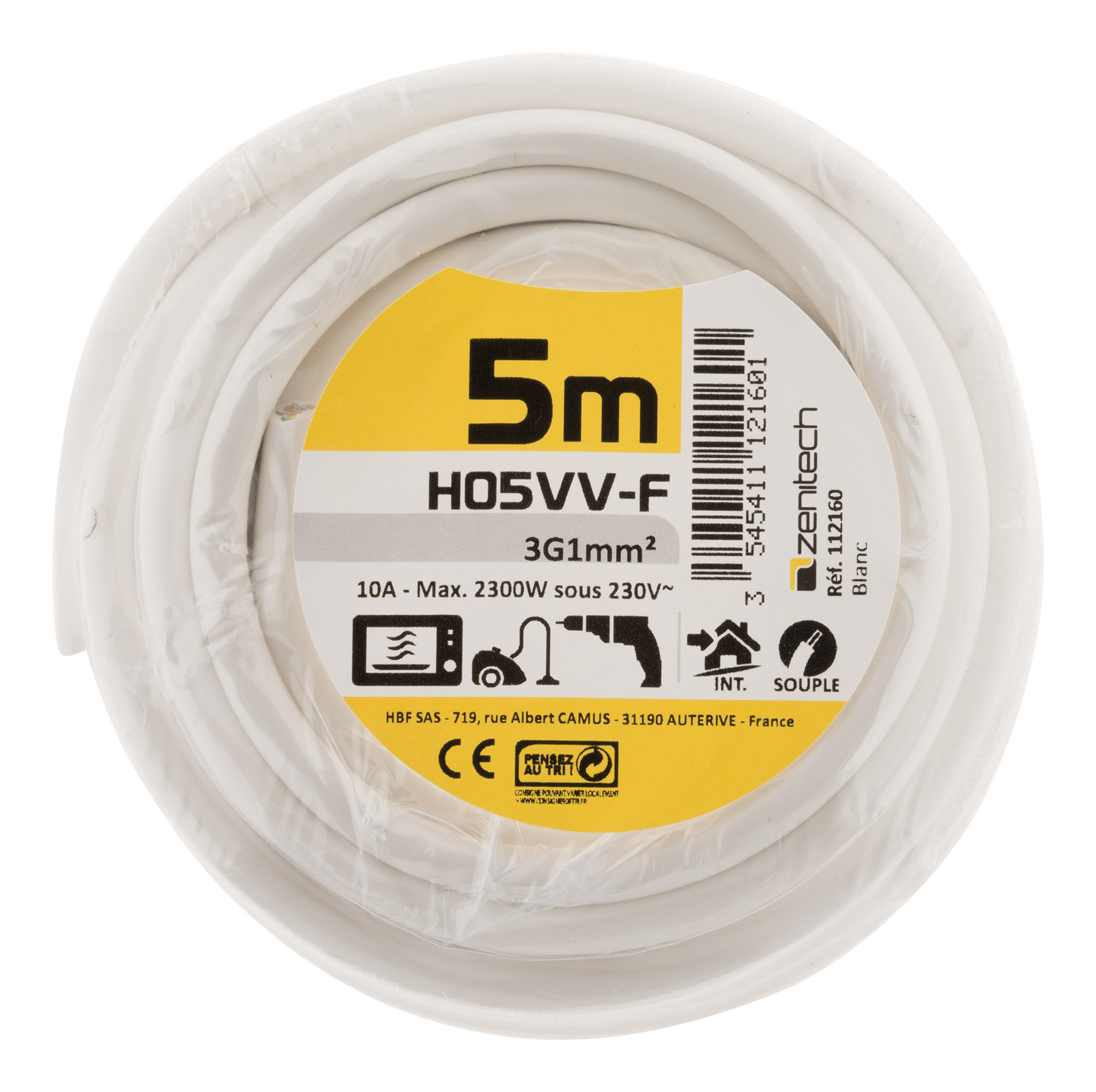 Cable ho5vvf 3x1 blanc 5m - PLASTO