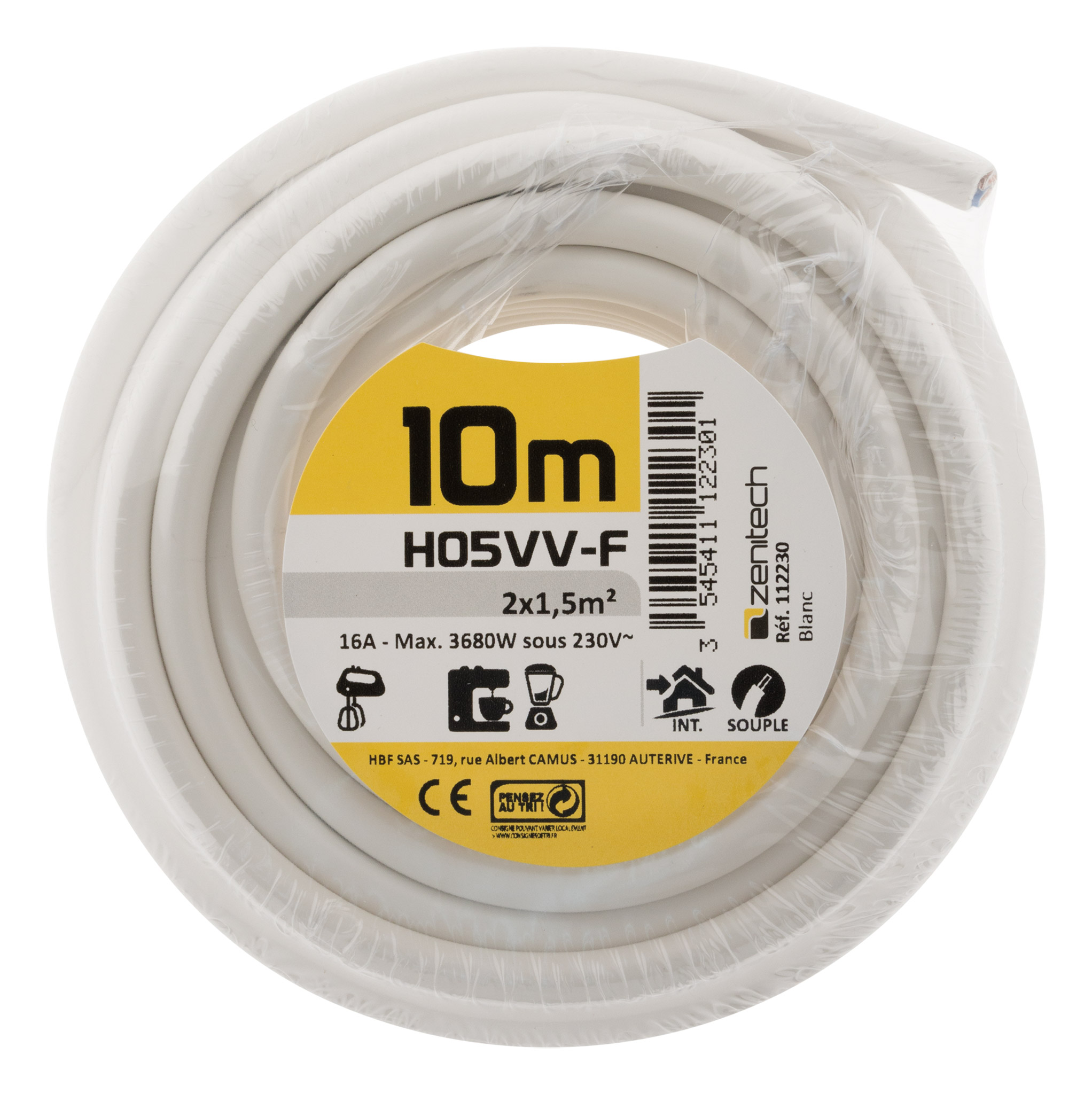 Cable ho5vvf 2x1.5 blanc 10m - plasto - INOTECH