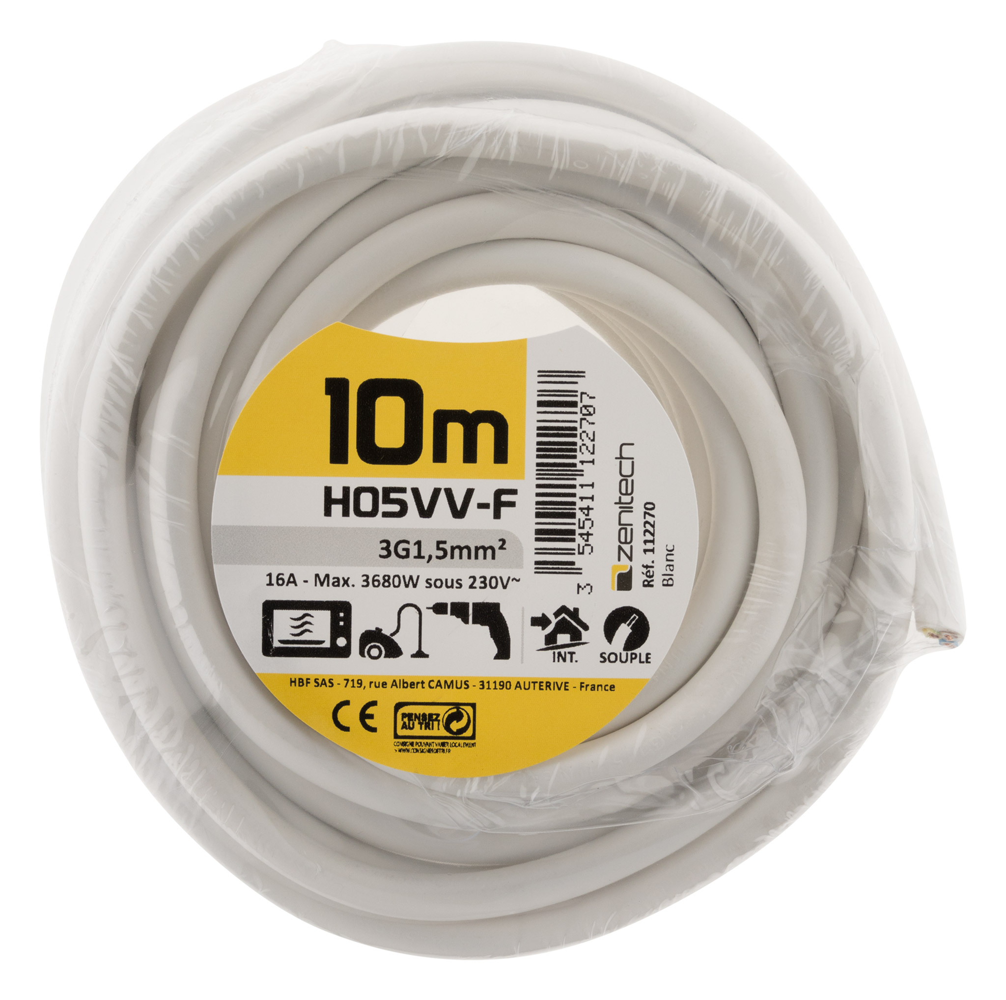 Cable ho5vvf 3x1.5 blanc 10m - plasto - INOTECH