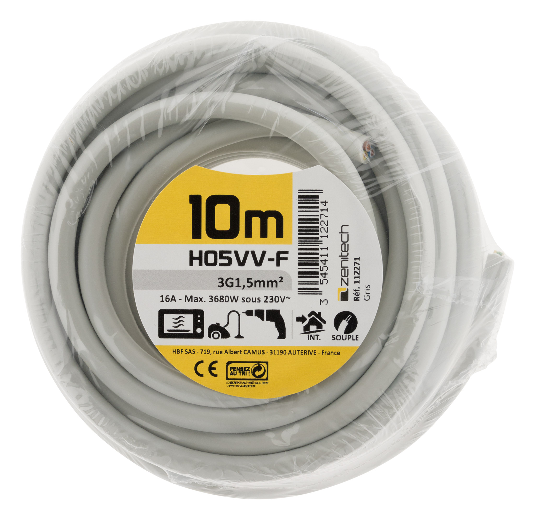 Cable ho5vvf 3x1.5 gris 10m - plasto - INOTECH