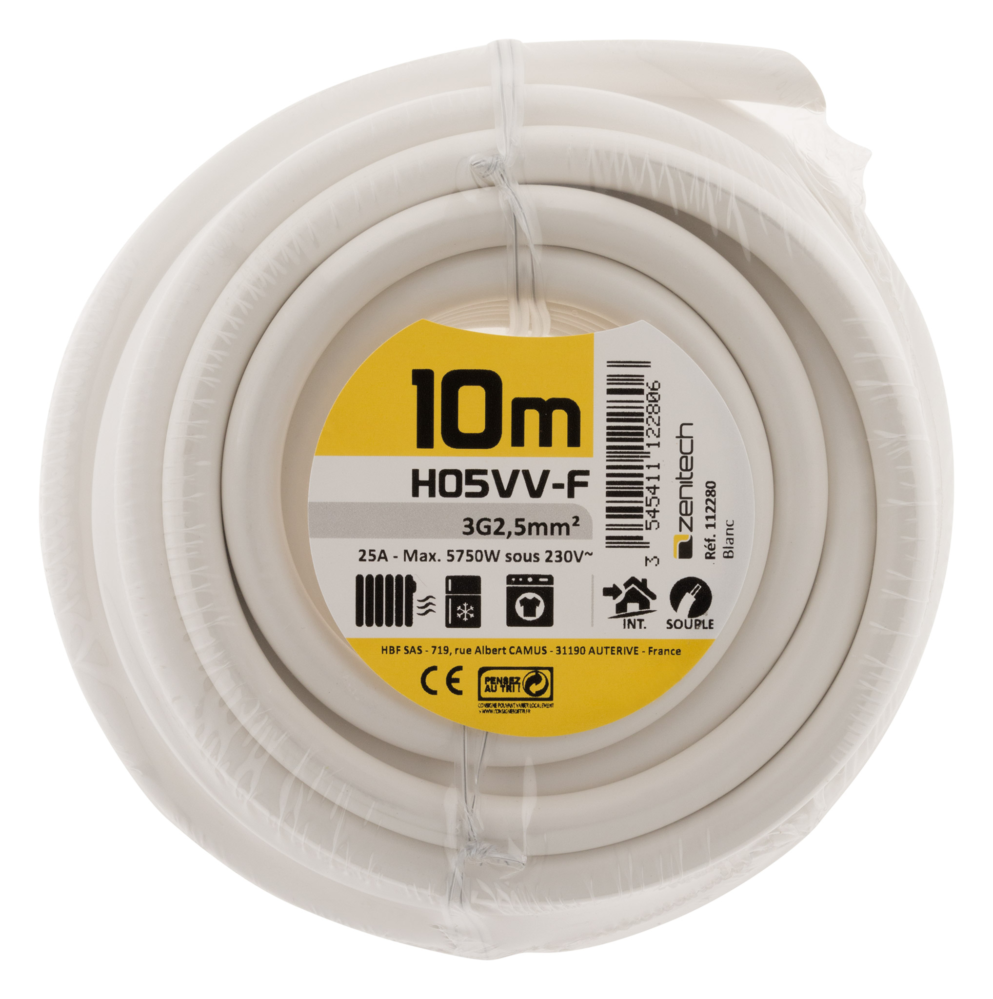 Cable ho5vvf 3x2.5 blanc 10m - plasto - INOTECH