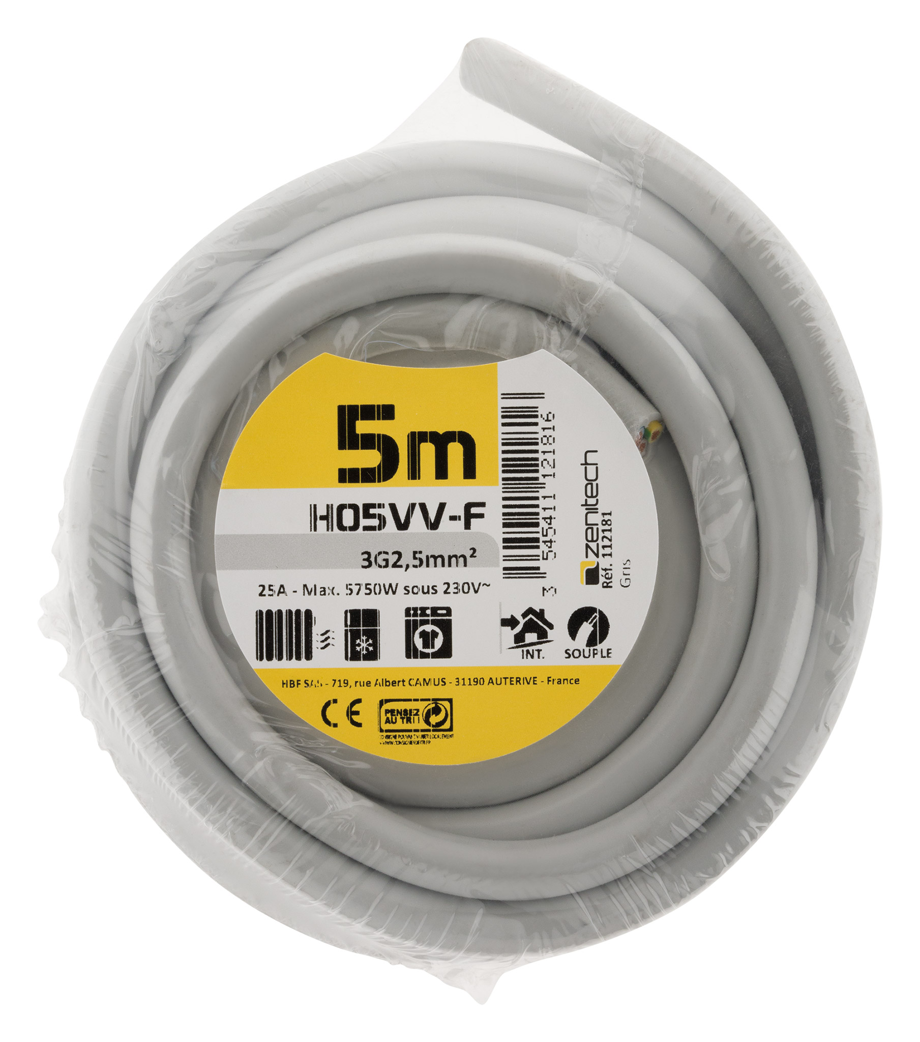 Cable ho5vvf 3x2.5 gris 10m - plasto - INOTECH