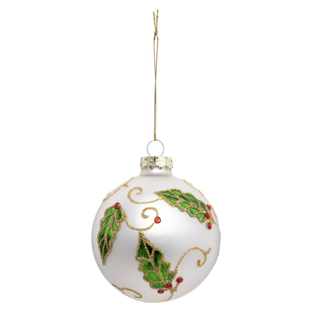 Boule de Noël verre Houx 8cm blanche/vert