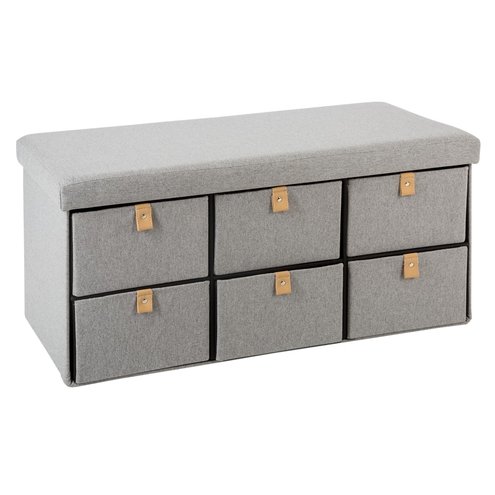 Pouf pliant double avec 6 tiroirs gris Suède