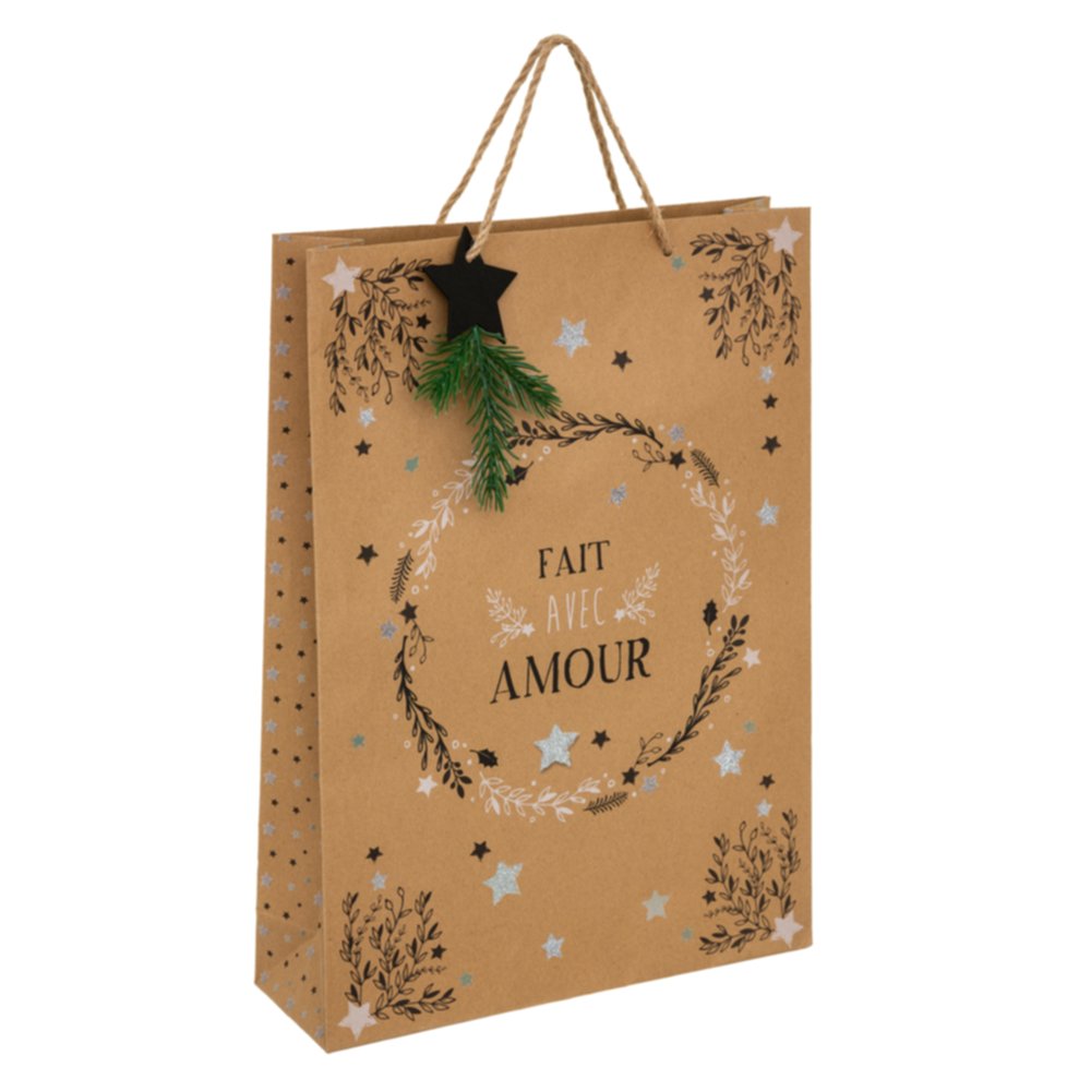 Sac cadeau kraft paillette+bois gm