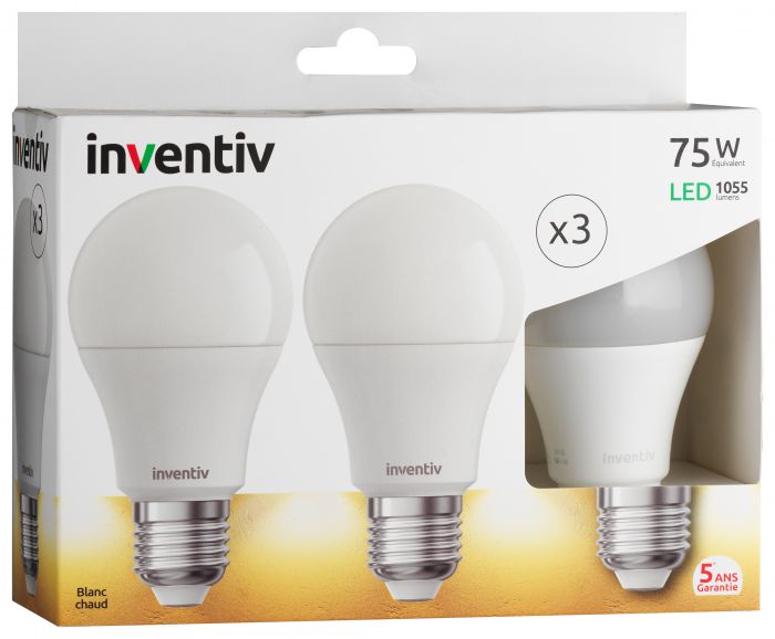 3 ampoules led SMD E27 1055lm 10W blanc chaud - INVENTIV