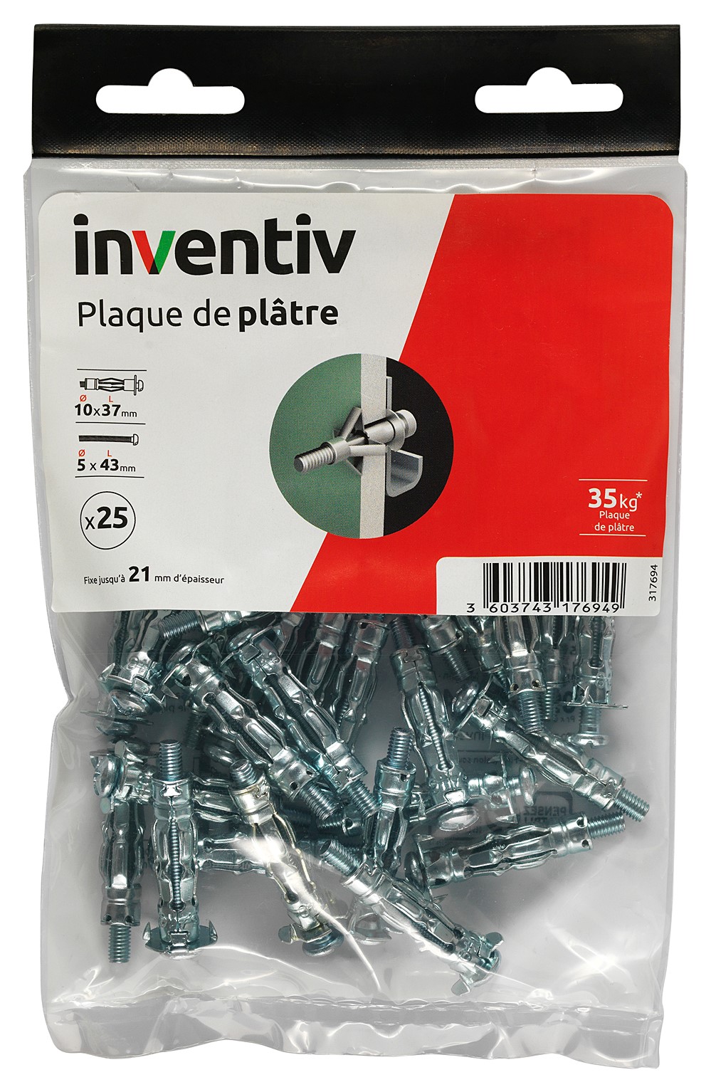 25 Chevilles Plaque Plâtre Ø10x37mm + Vis TR Ø5x43mm - INVENTIV