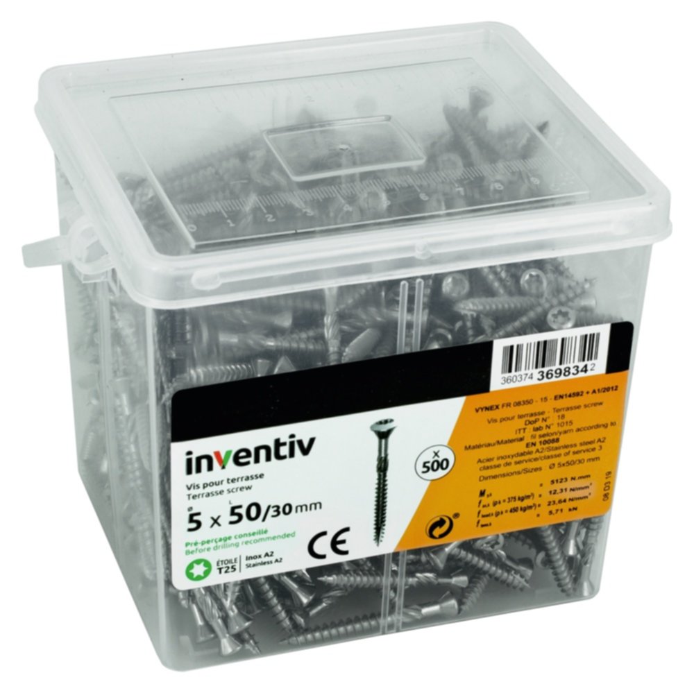 500 vis étoile Inox pour terrasse bois A2 5x50mm - INVENTIV