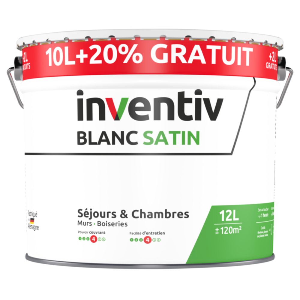 Peinture murs & plafonds bicouche Blanc Satin 10L+20% - INVENTIV