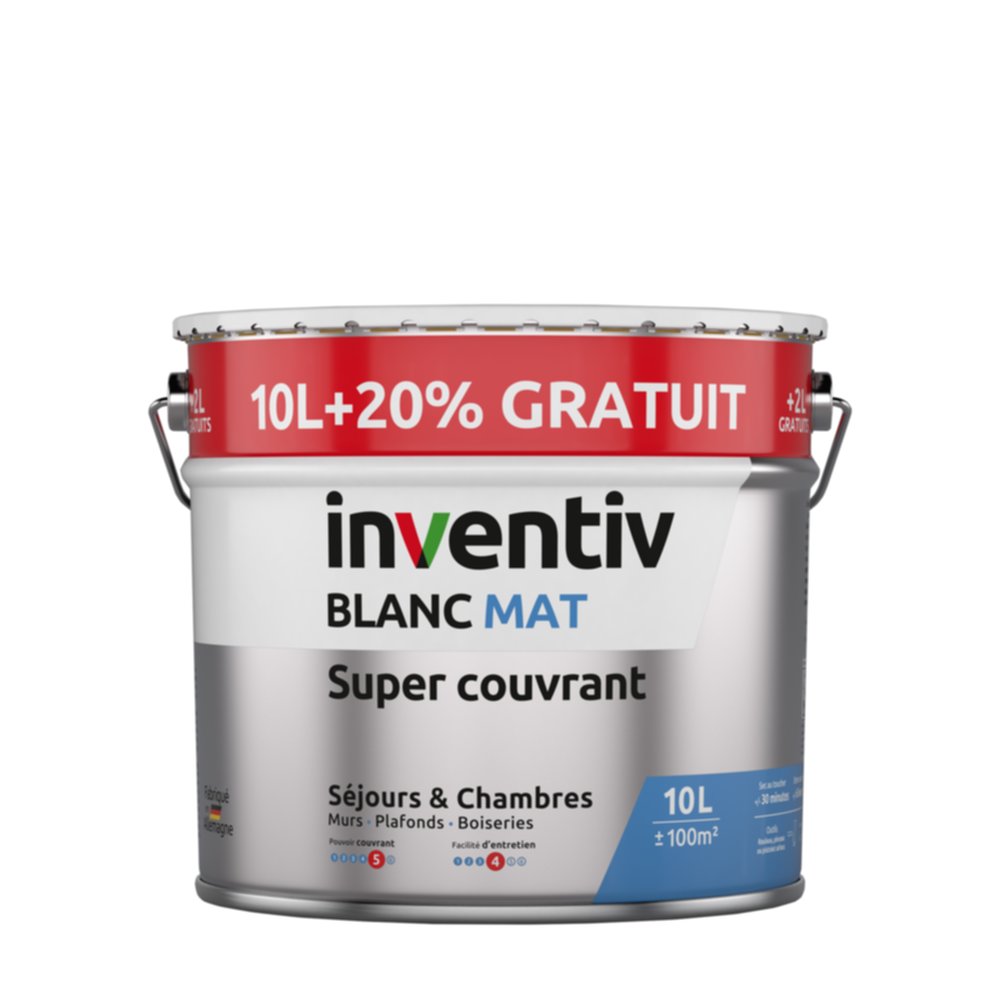 Peinture mur & plafond Super Couvrant Blanc Mat 10L+20% - INVENTIV