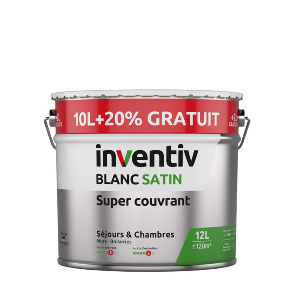 Peinture mur & plafond Super Couvrant Blanc Satin 10L+20% - INVENTIV