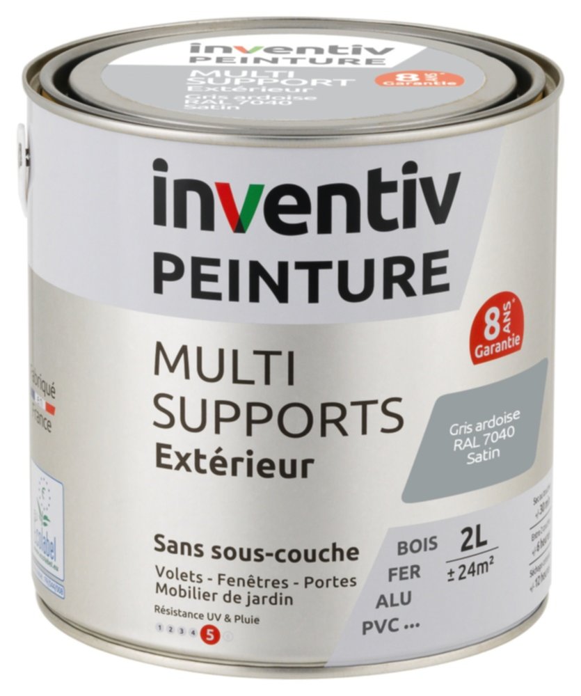 Peinture Extérieure Bois Fer Plastique Gris Ardoise Satiné 2L - INVENTIV