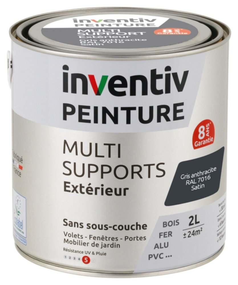 Peinture Extérieure Bois Fer Plastique Gris Anthracite Satiné 2L - INVENTIV