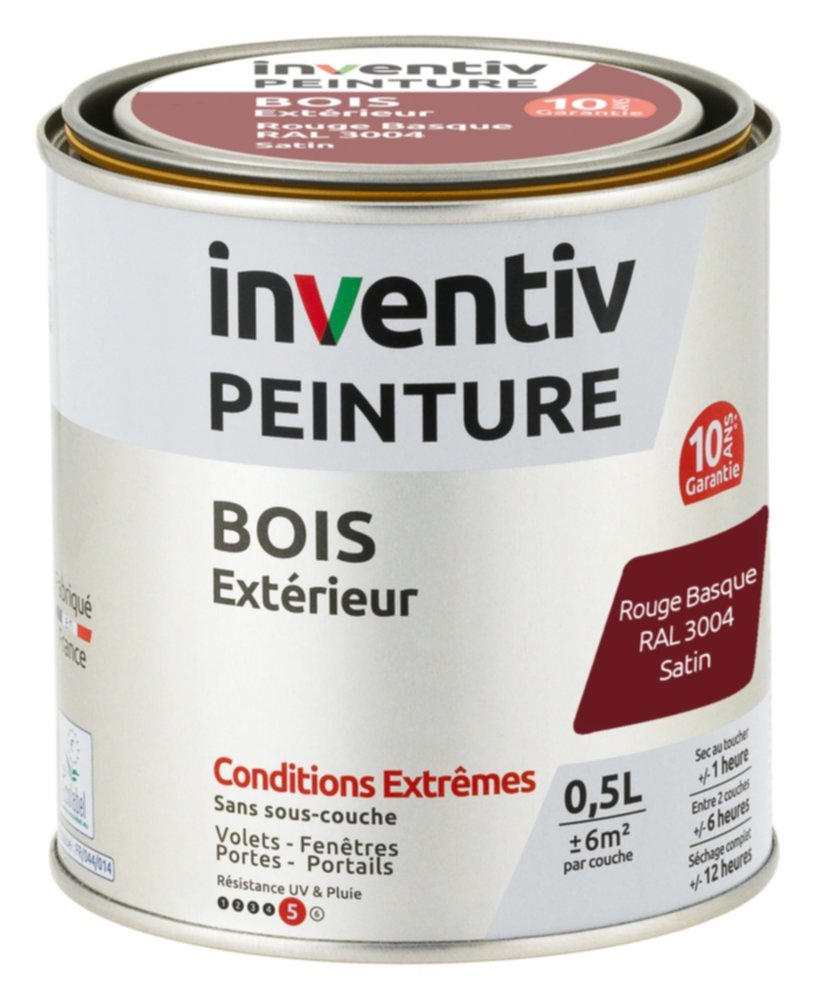 Peinture Extérieure Bois 10 ans Rouge Basque Satin 0,5L - INVENTIV