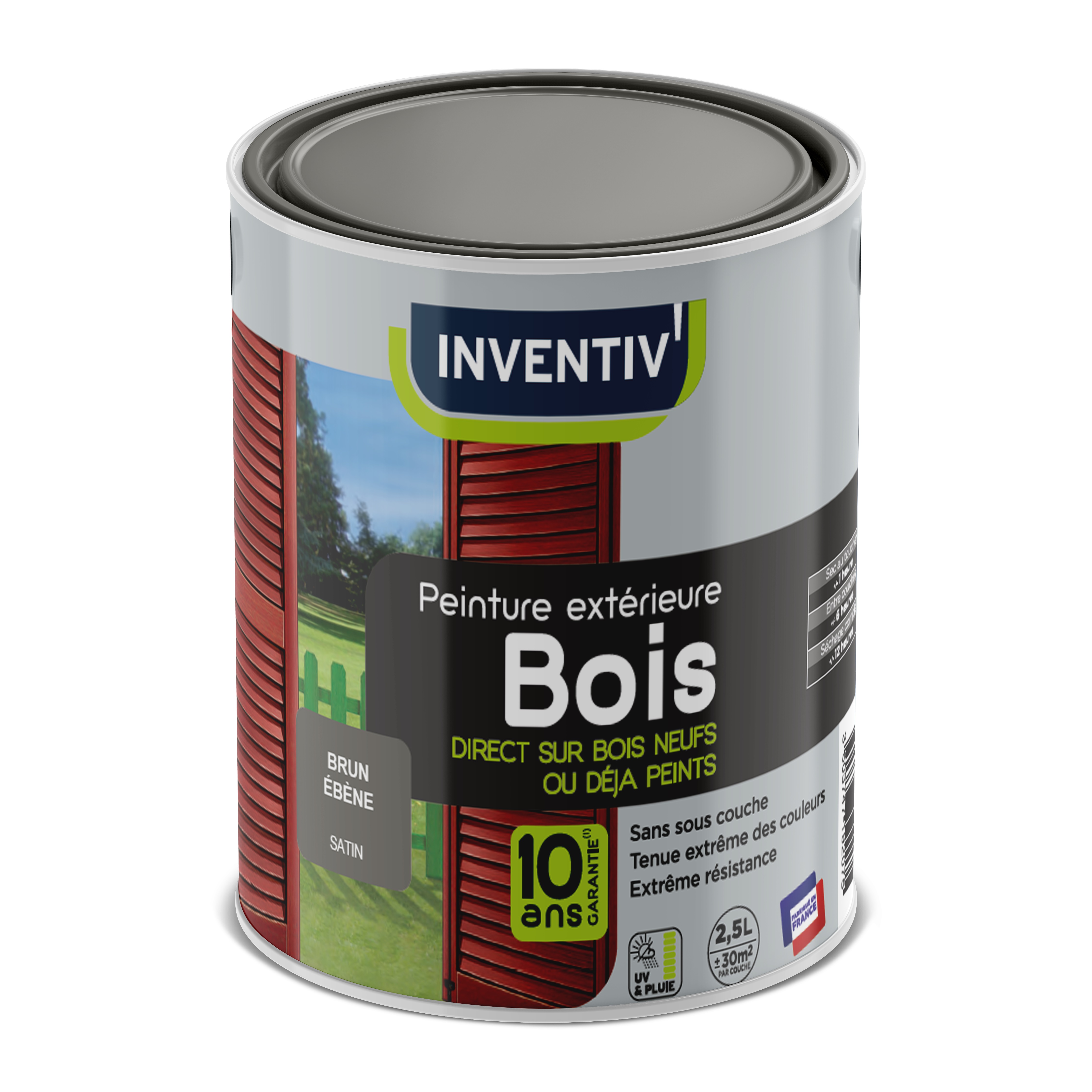 Peinture bois brun satin 6 ans 2,5 L - INVENTIV