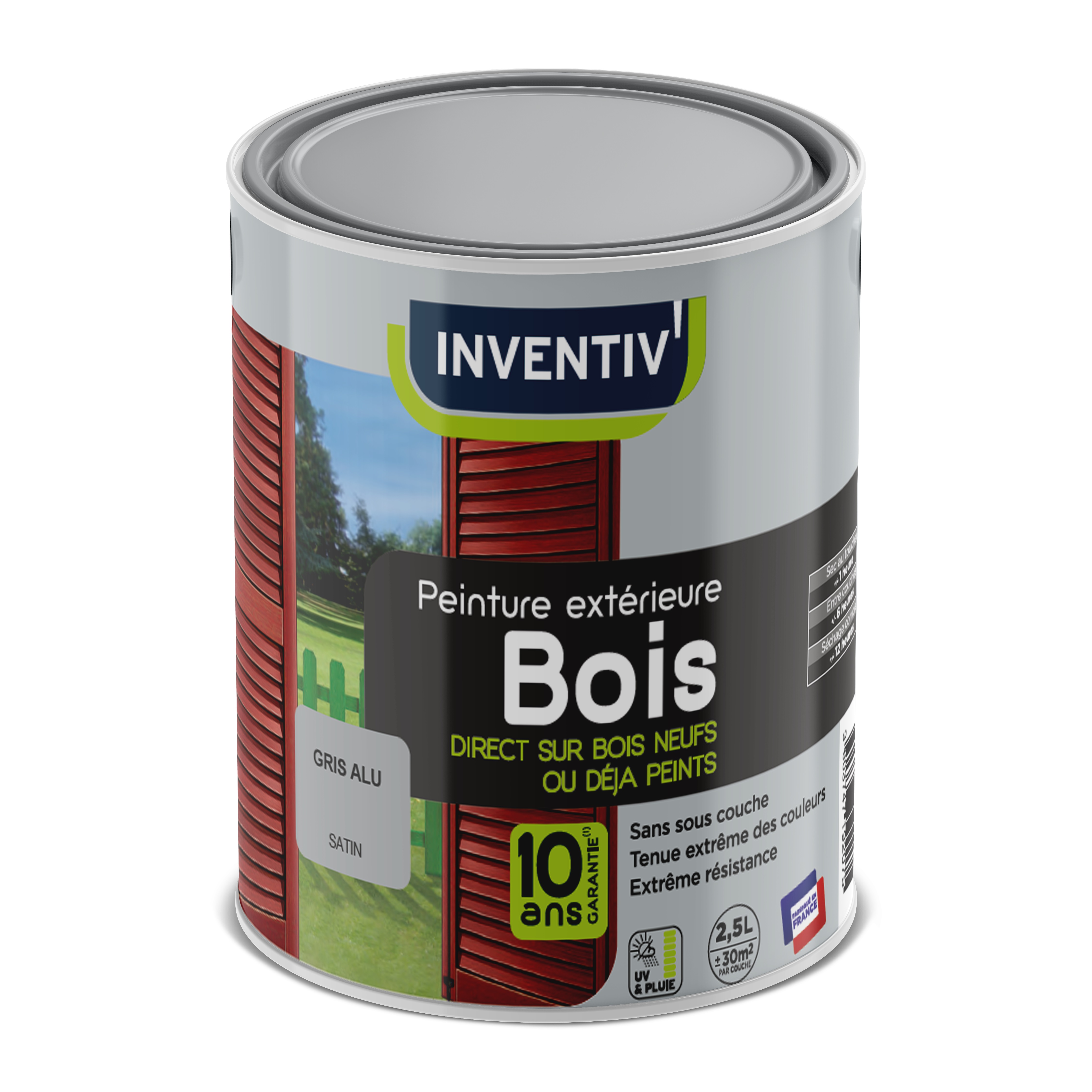 Peinture bois gris alu satin 6 ans 2,5 L - INVENTIV