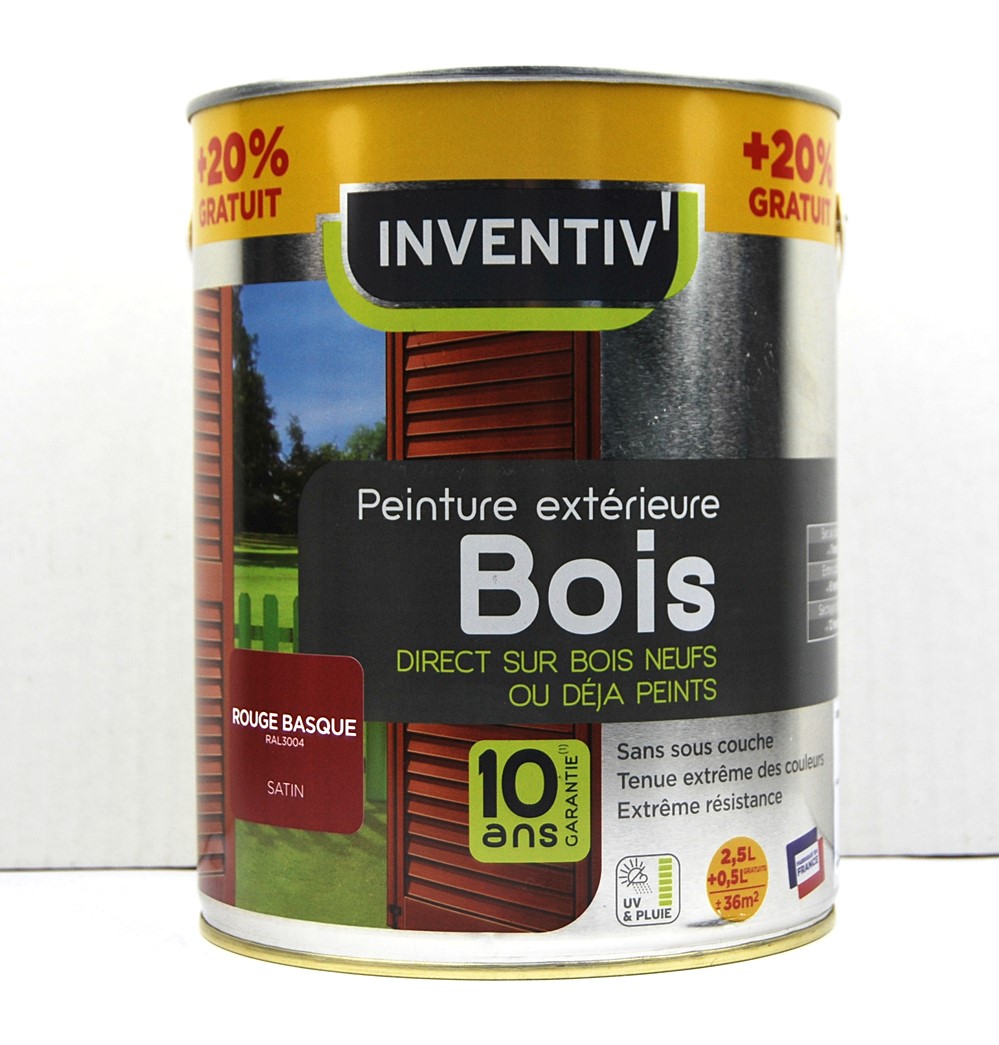 Peinture extérieure Bois 10 Ans Rouge Basque Satin 2.5L + 20% - INVENTIV