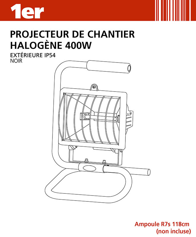 Projecteur de chantier halogène 400W noir - 1ER