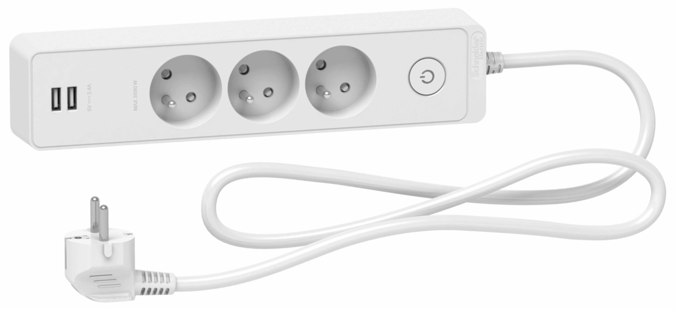 Multiprise 3 prises 2P+T avec 2 USB Odace blanc 1,5m - SCHNEIDER ELECTRIC