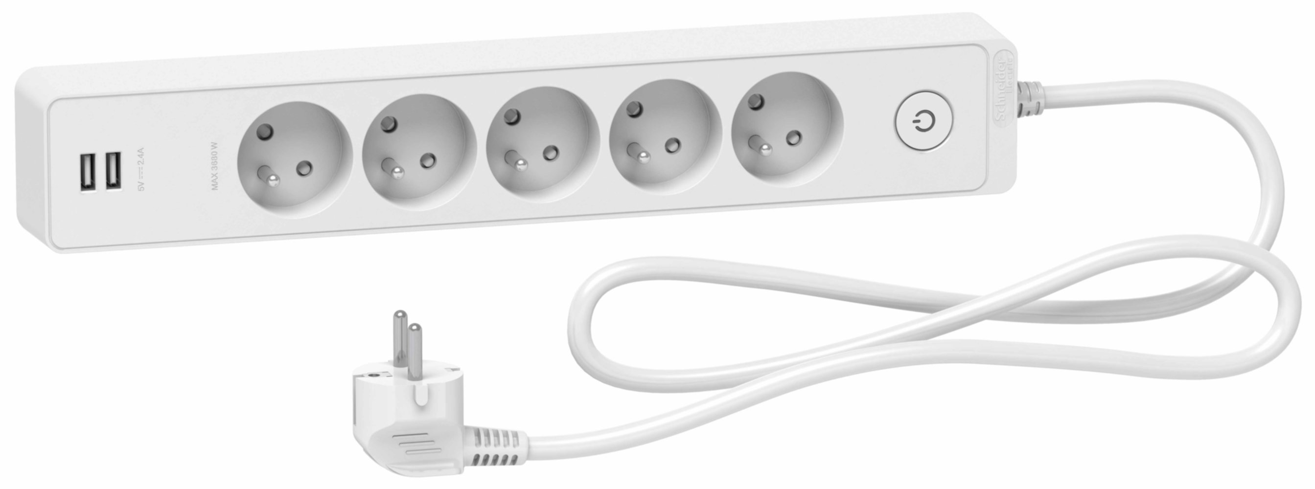 Multiprise 5 prises 2P+T avec 2 USB Odace blanc 1,5m - SCHNEIDER ELECTRIC