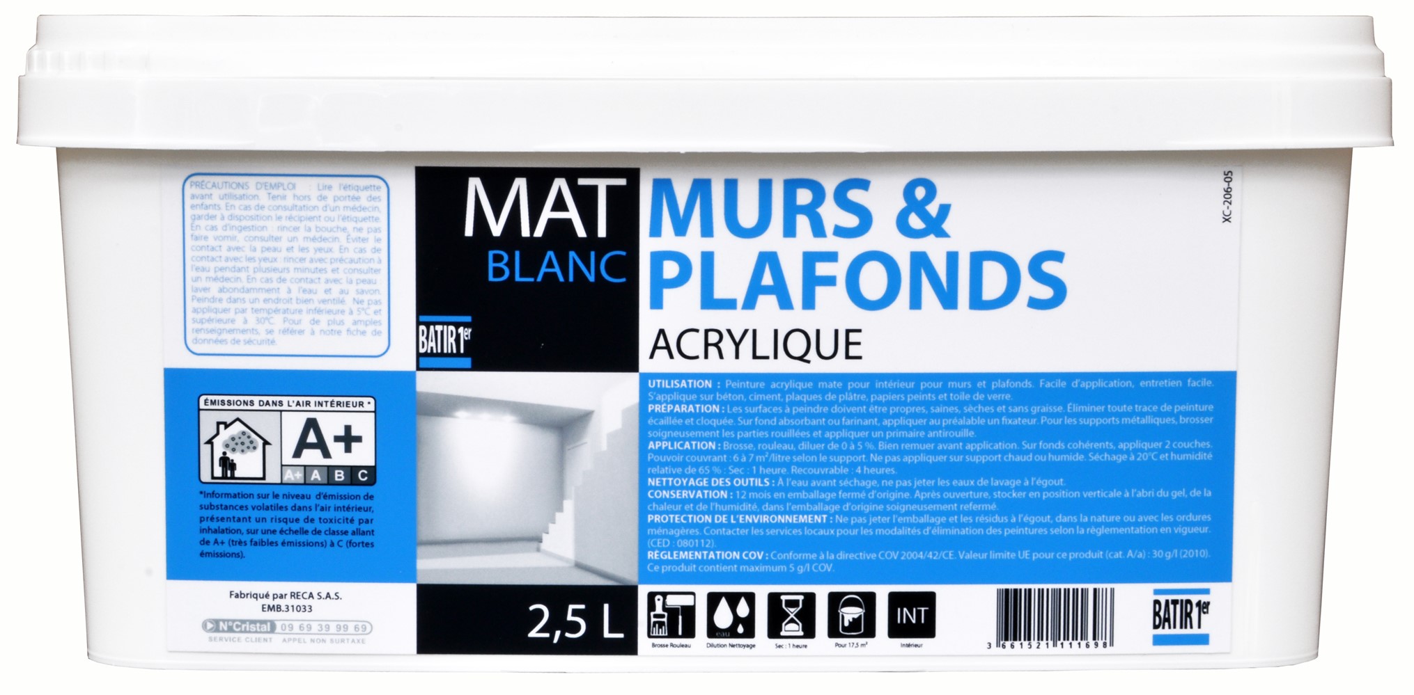 Peinture murs et plafonds mat acrylique 2,5L - BATIR 1ER