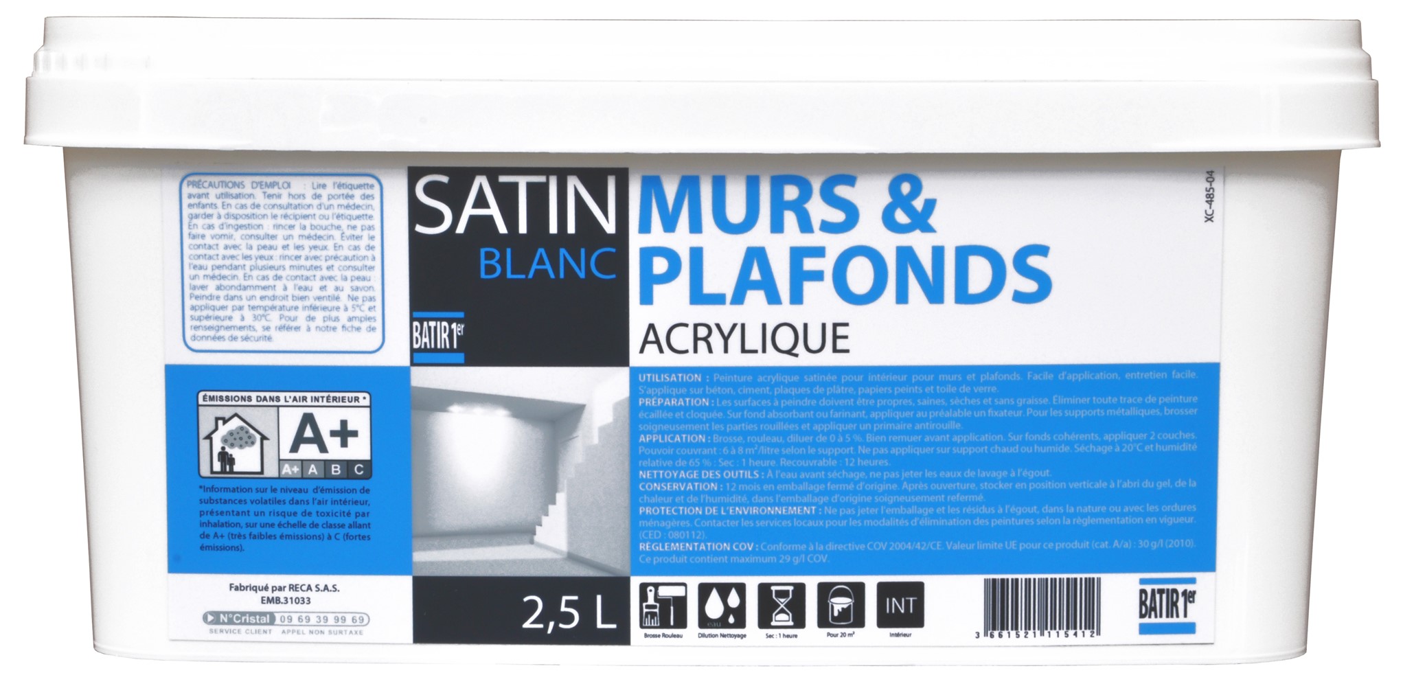 Peinture murs et plafonds satin acrylique 2,5L - BATIR 1ER