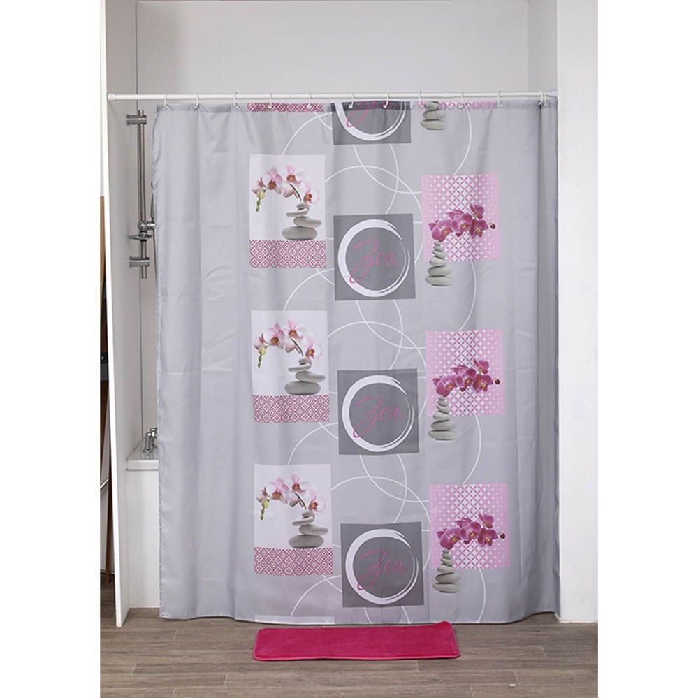 Rideau de douche polyester imprimé 180 x 200 cm /12 anneaux polypropylène blanc Naïa