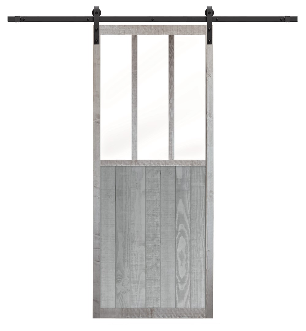 Lot porte coulissante Atelier Champêtre coloris gris cendré de 83 cm avec rail rustique