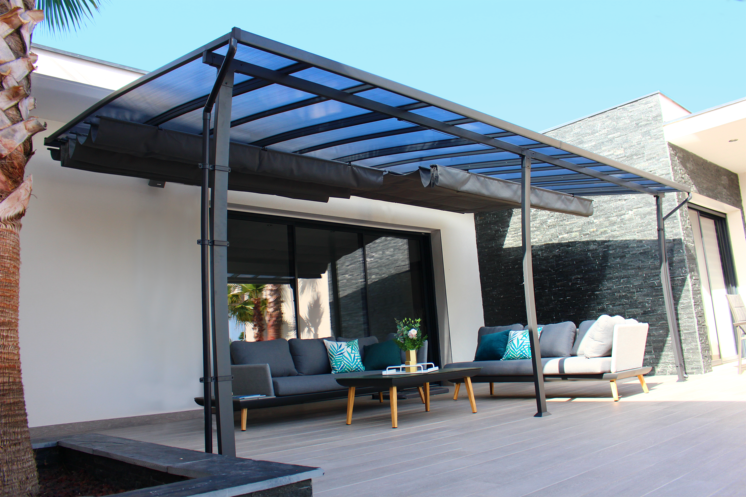 Pergola adossée Stockholm aluminium/acier et polycarbonate 3,50x6m - COULEURS DU MONDE