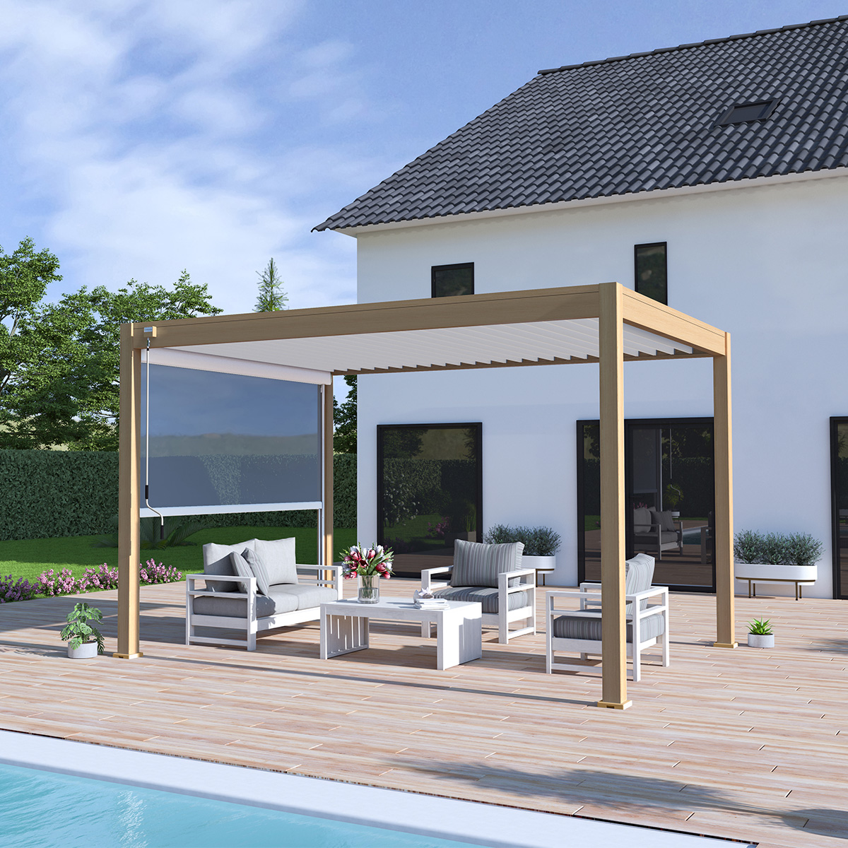 Pergola bioclimatique autoportante 3x4m Woodlook bois naturel/blanc- VS - OMBREA