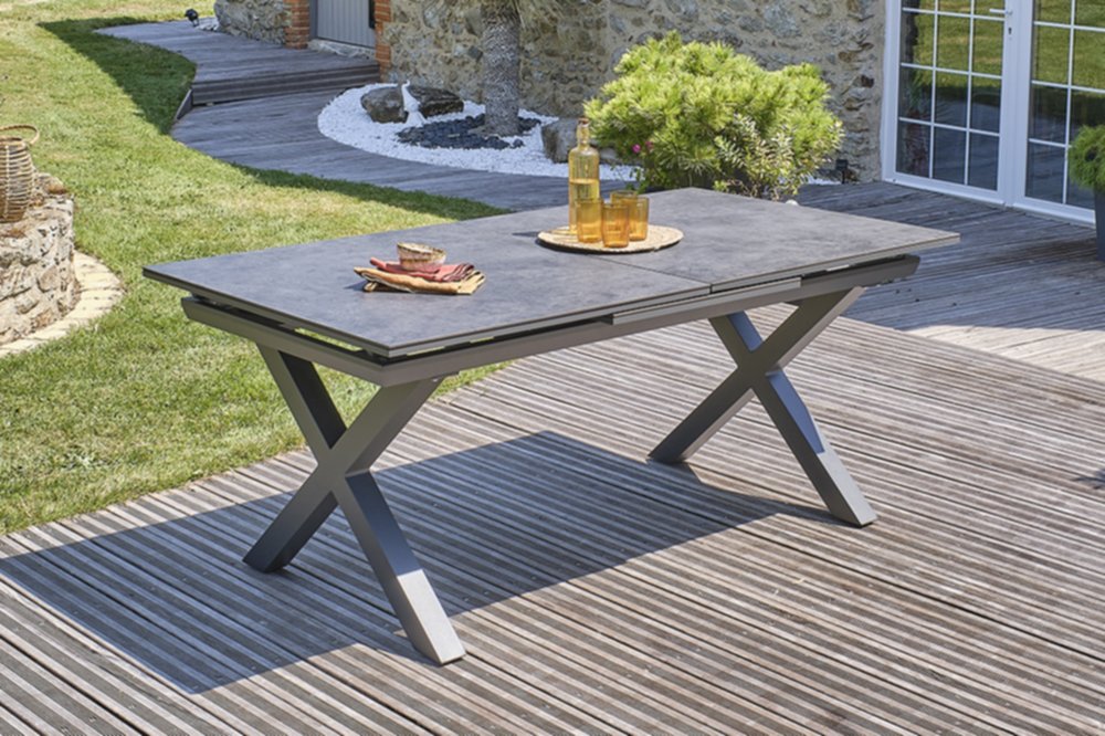 Table de jardin FLORIDE 180/240x100cm en aluminium Gris anthracite et plateau céramique avec rallonge automatique - DCB GARDEN