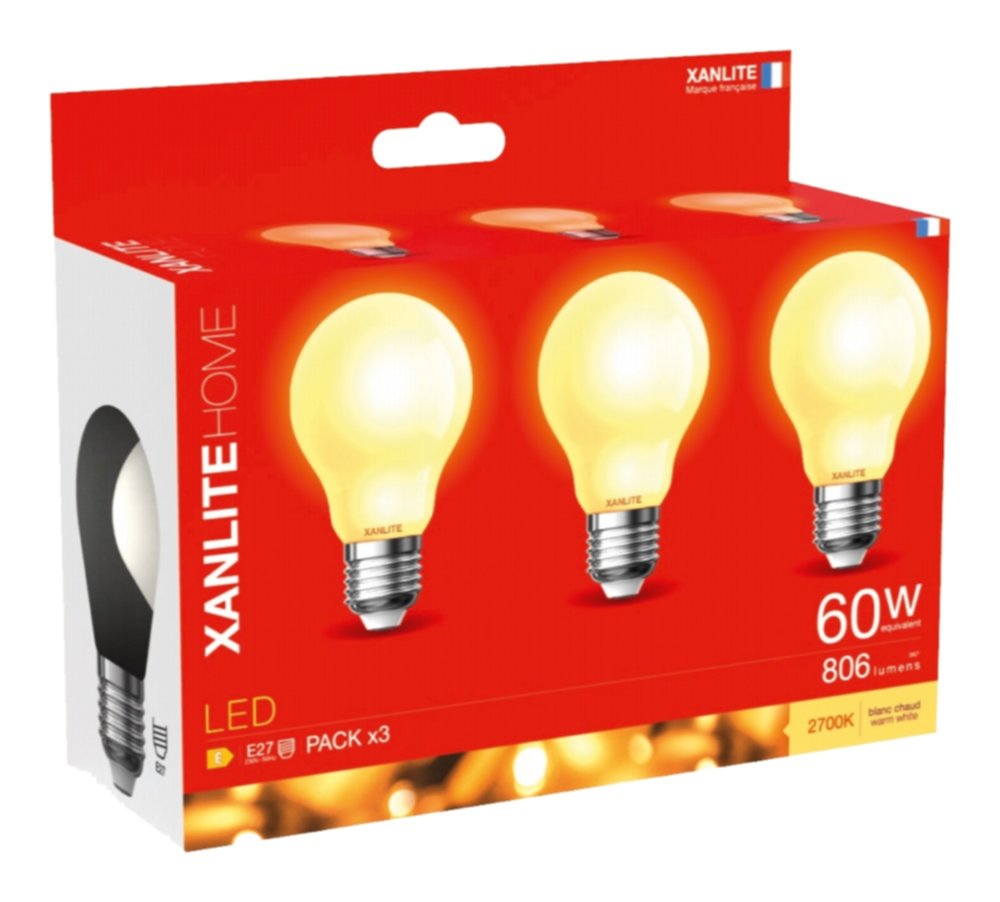 3 ampoules LED A60 E27 806lm Eq.60W 2700K - XANLITE