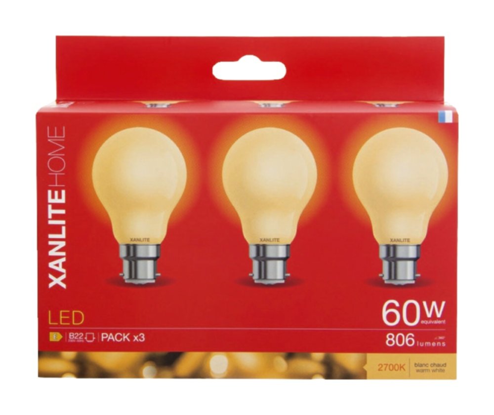 3 ampoules LED A60 B22 806lm Eq.60W 2700K - XANLITE