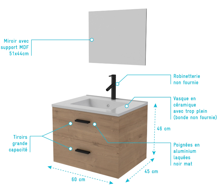 Meuble lift 60 wood avec vasque et miroir