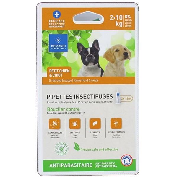 2 Pipettes Insectifuges Antiparasitaire Chiot/Petit Chien - DEMAVIC