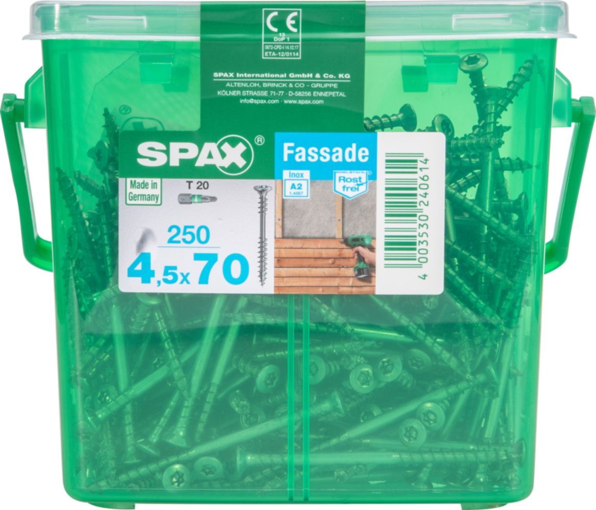 250 vis 4,5x70 tête fraisée empreinte t-star+ T20 inoxA2 SPAX