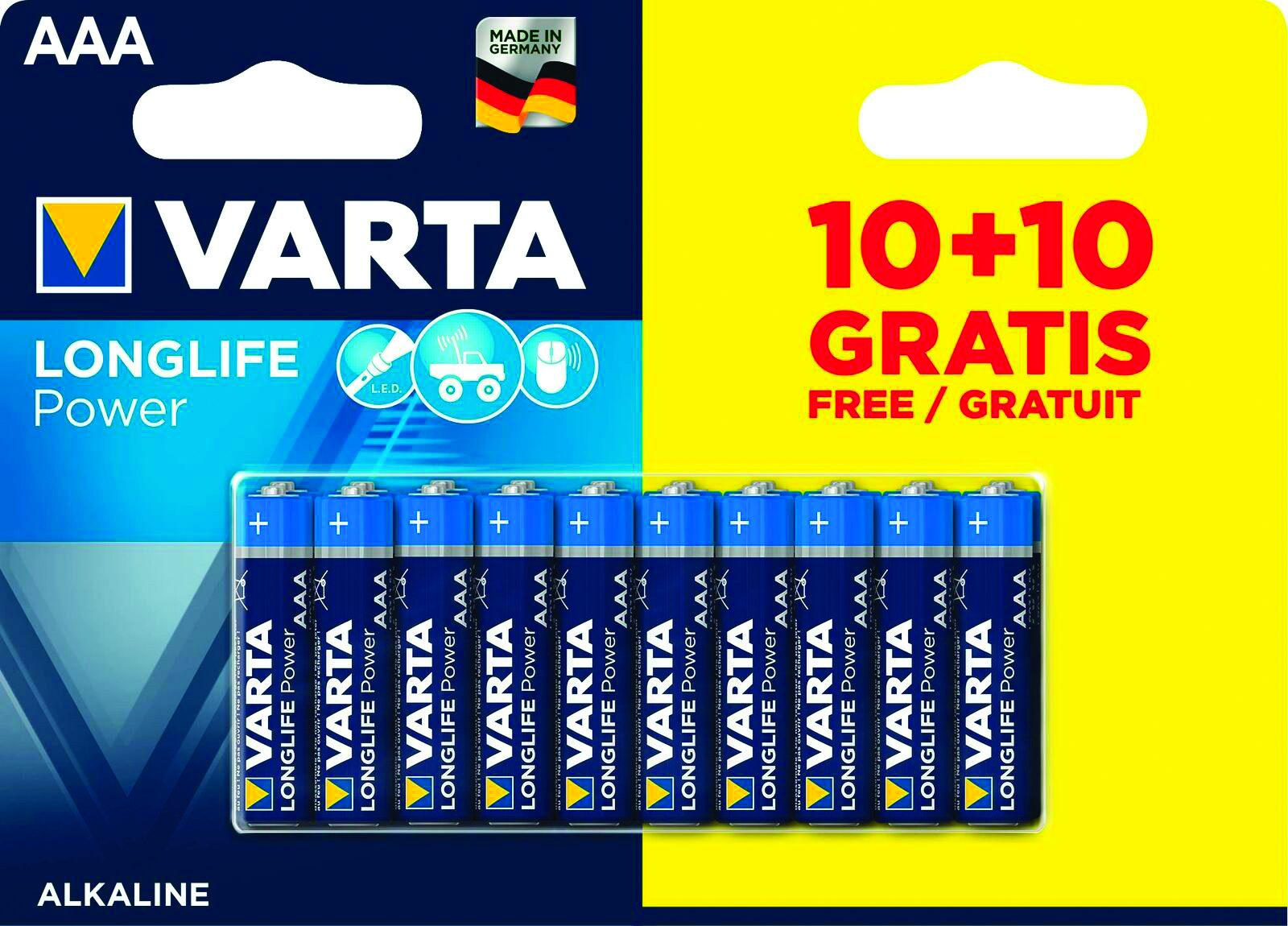 20 Piles Alcalines Très Longue Durée AAA/LR3 dont 10 gratuites - VARTA