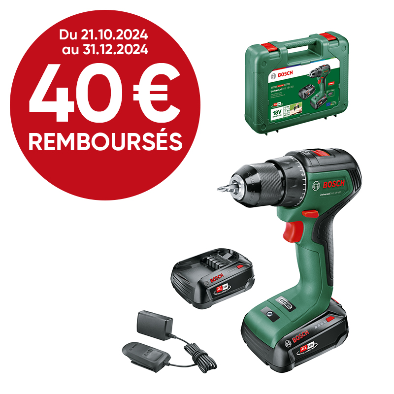 Perceuse sans fil UniversalDrill 18V-EC 2 batteries 2,0Ah + AL 18V-20 Brushless - BOSCH