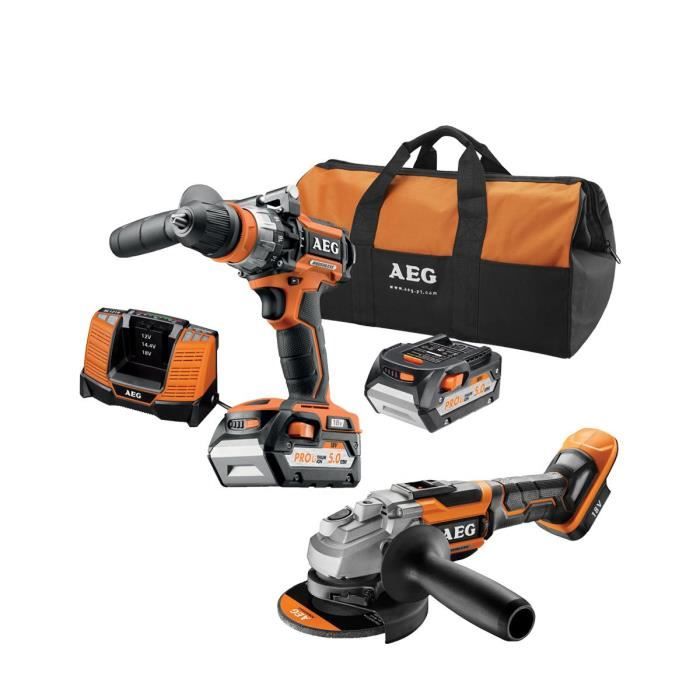 Pack brushless perceuse visseuse AEG 18V BSB18CBL-502C - Meuleuse 18V BEWS18-125BL-0 - 2 batteries 5.0Ah- chargeur JP18A2LI-502B AEG